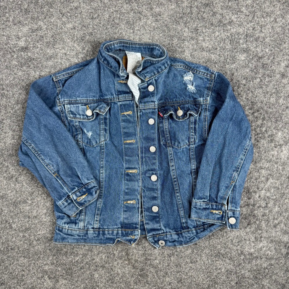 Levi's Denim Jacket Kids Size 10-12 Blue Distressed Cotton Trucker Jean Coat